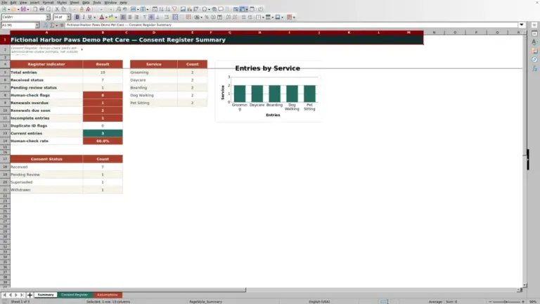 Preview of Pet Service Consent Register Excel Template