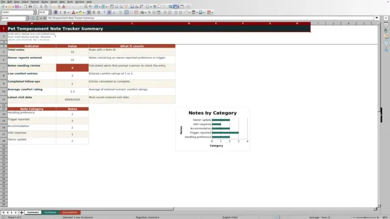 Preview of Pet Temperament Note Tracker Excel Template
